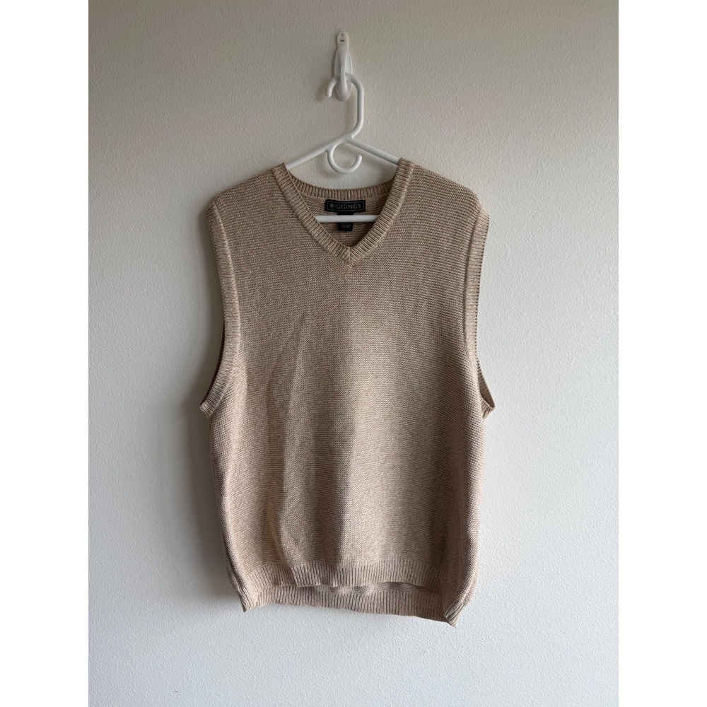 Riggings Mens Large Tan Beige 100% Cotton V-Neck Knit Sweater Vest RN 70377